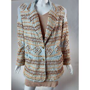 Sandy Starkman Chambray Embroidered Wood Beaded Cotton Jacket Vintage Size Large